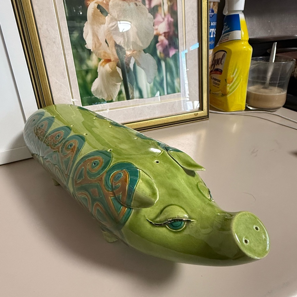 Green Ceramic Decorative Pig Figurine with Teal Accents - Picture 6 of 16